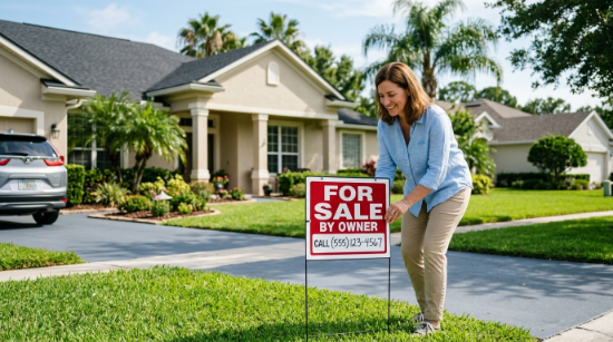 Homeowner placing a For Sale By Owner sign in front yard