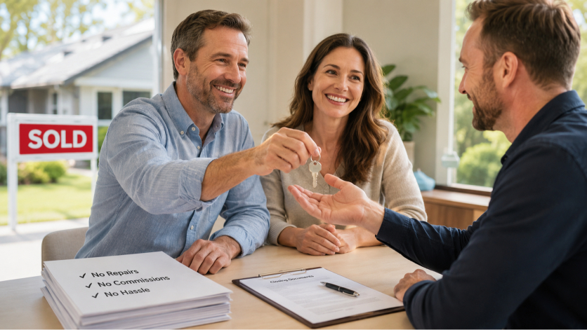Smiling homeowner handing over keys after a fast cash home sale