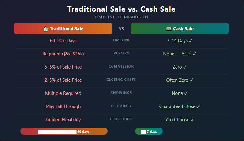 Infographic comparing traditional home sale timeline vs cash sale timeline